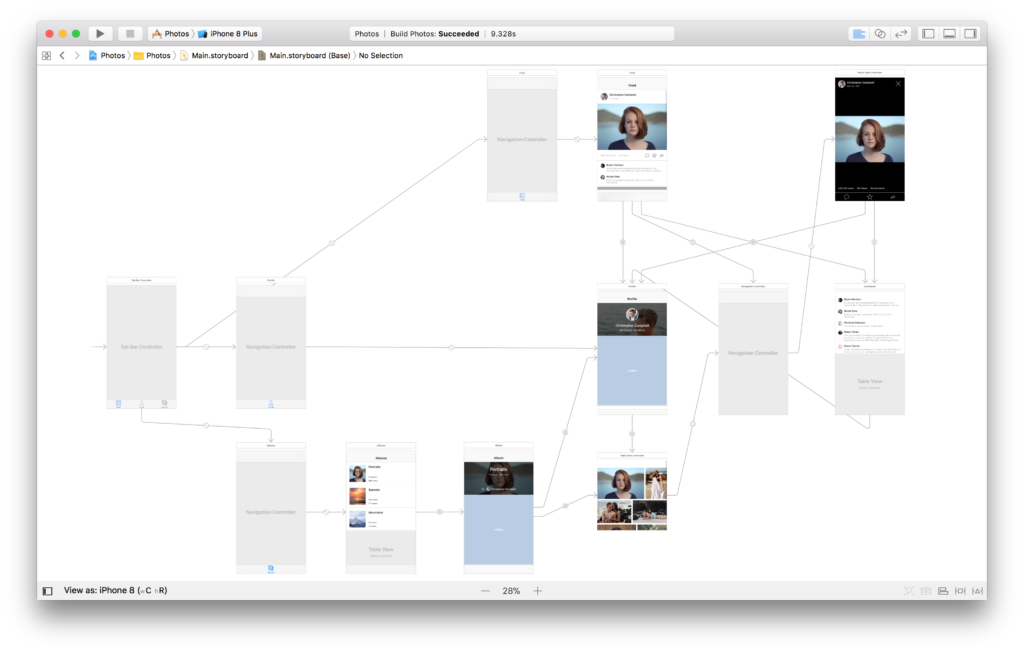 A full Xcode storyboard with view controllers and segues