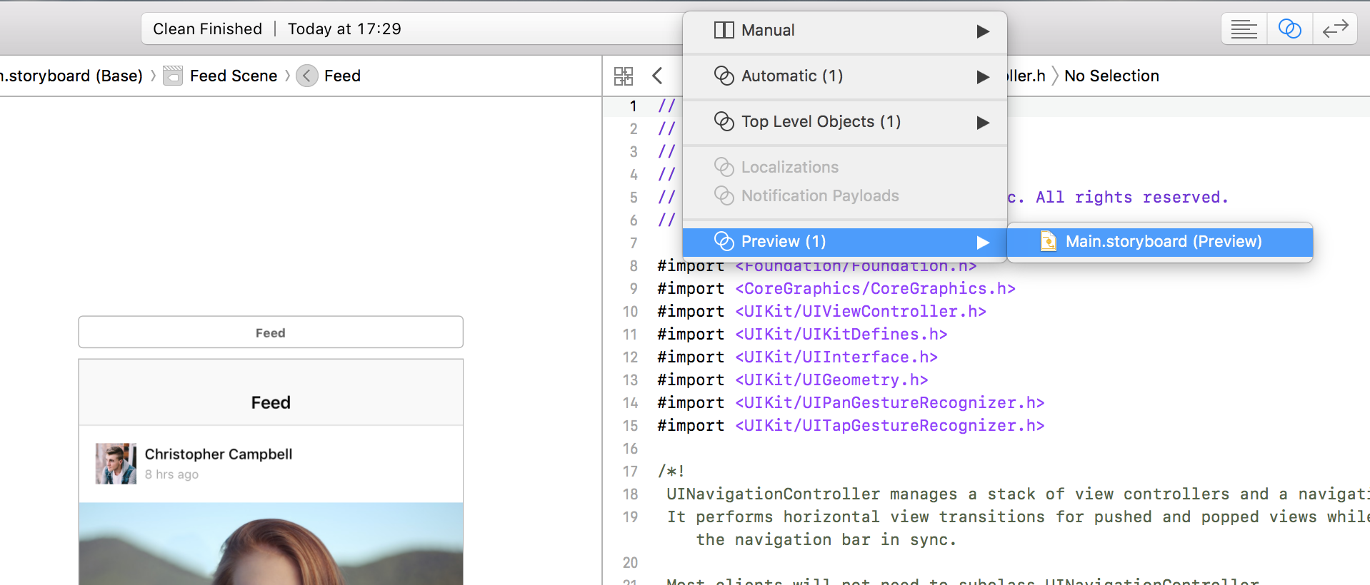 Opening the preview in the Xcode assistant editor in Interface Builder
