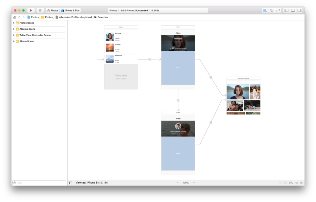 The AlbumsAndProfile storyboard in Xcode
