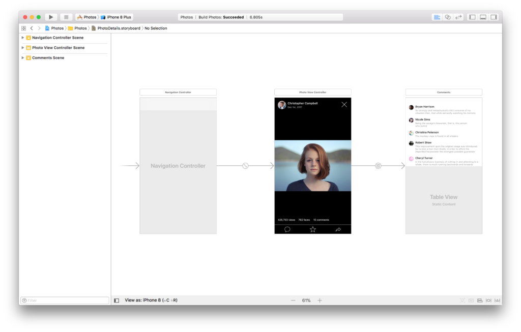 The PhotoDetails storyboard in Xcode