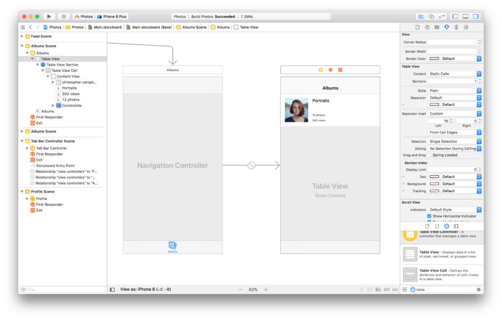 The first cell the static table view in the Xcode storyboard