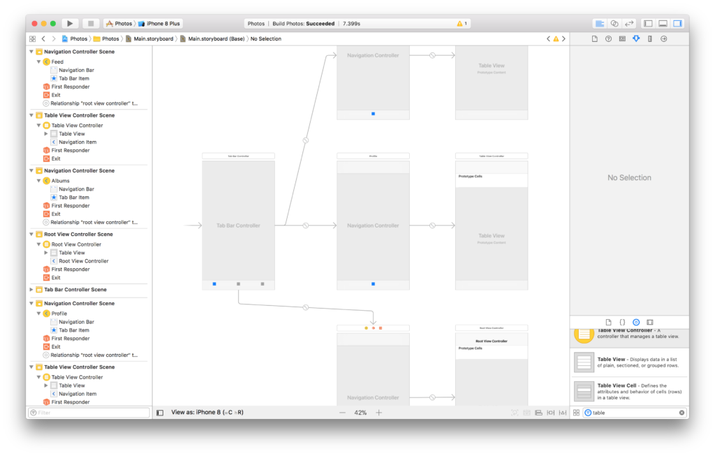 The tab bar controller and navigation controllers in the Xcode storyboard