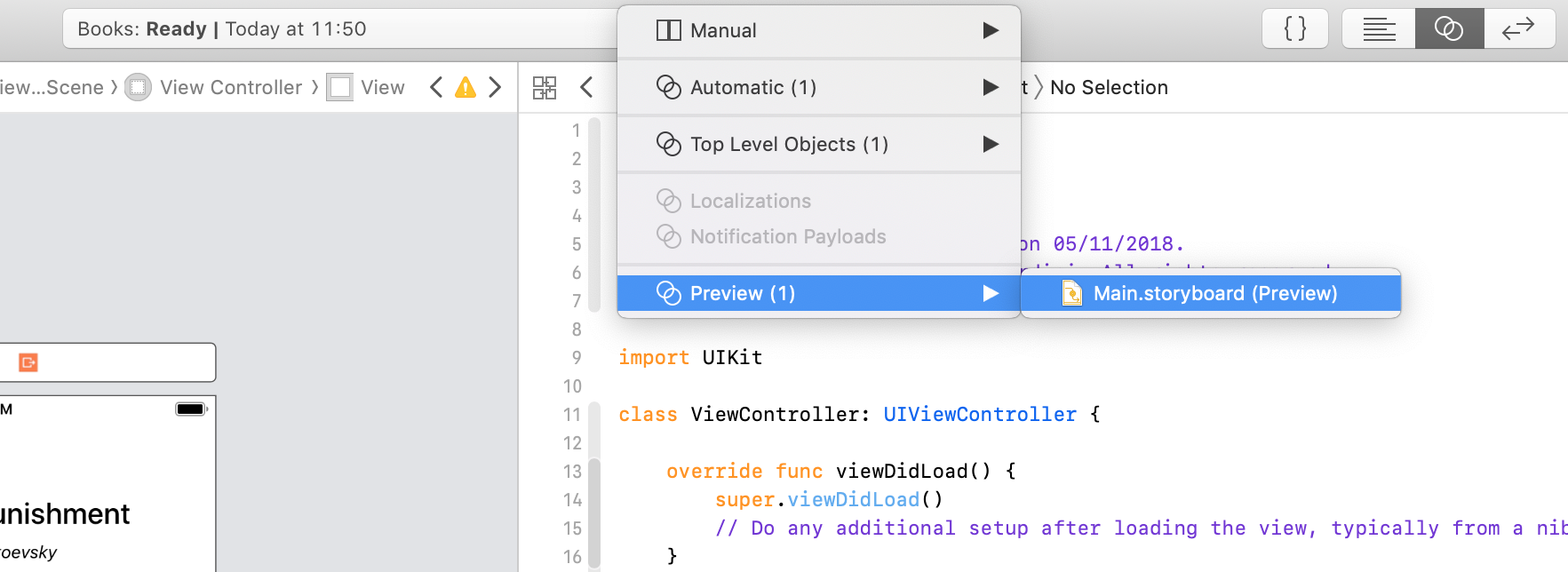 accessing the auto layout preview from the xcode jump bar