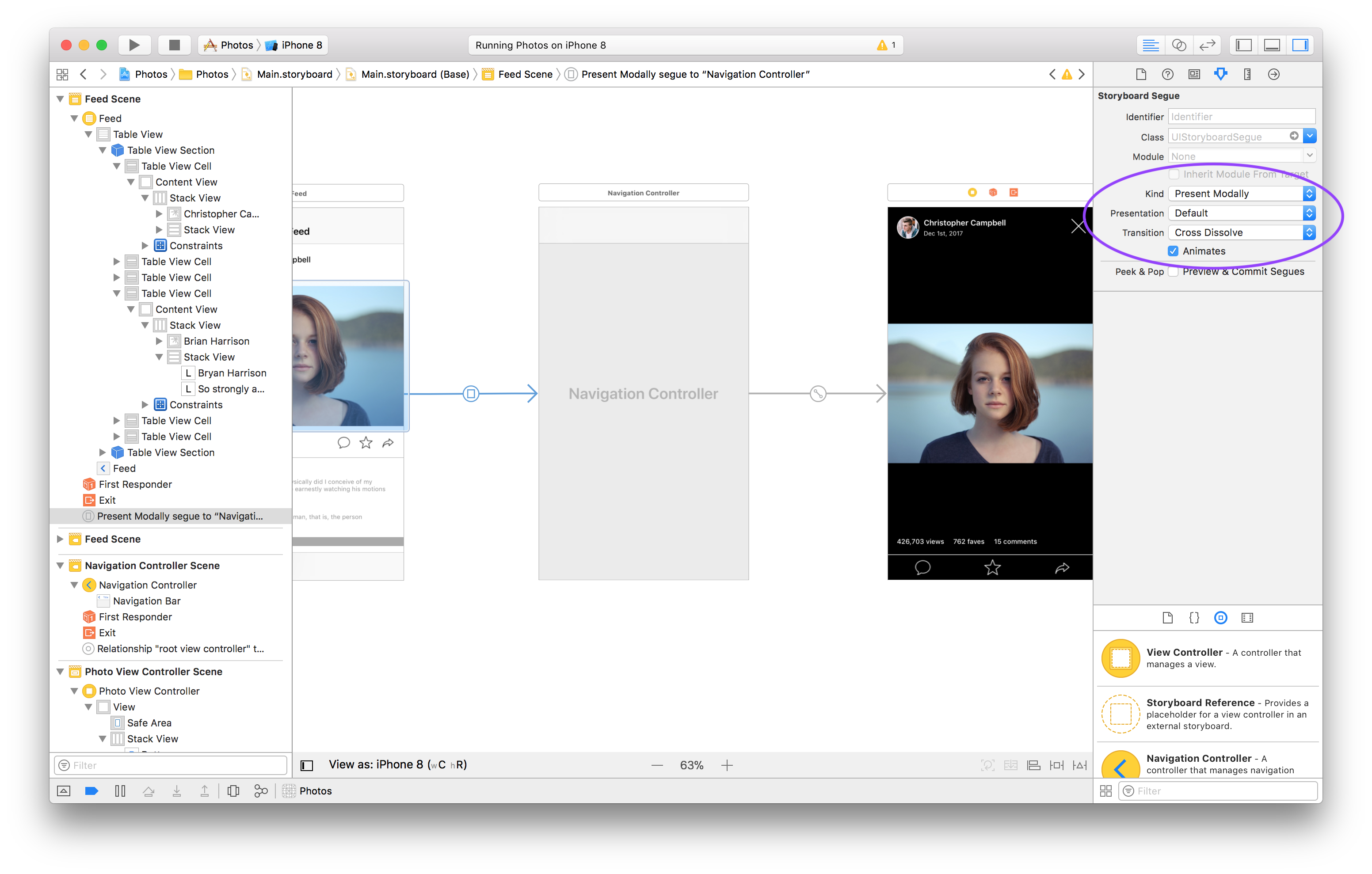 A modal segue with cross dissolve in the Xcode storyboard