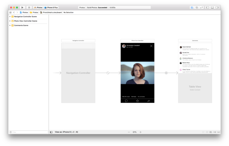 uses storyboards for the presentation layer created in xcode