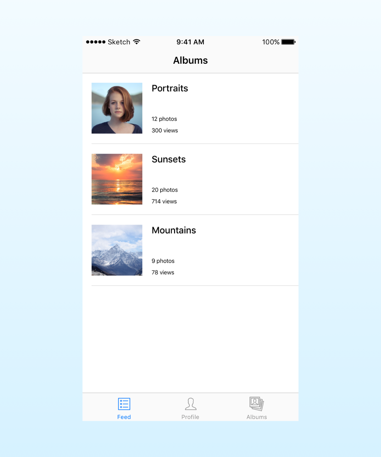 The albums screen for our app prototype as designed in our mockup