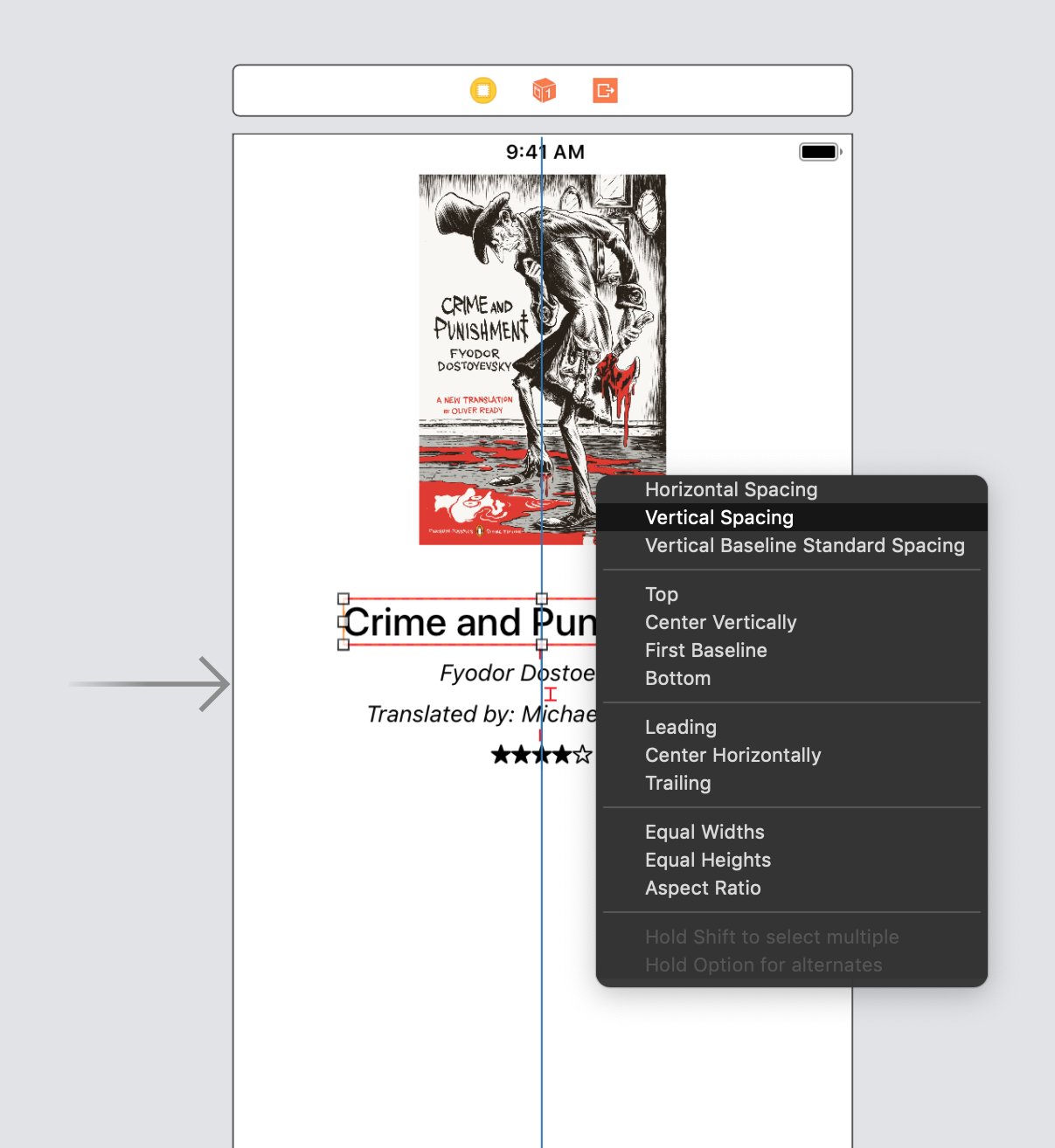 the interface builder contextual menu to add new layout constraints