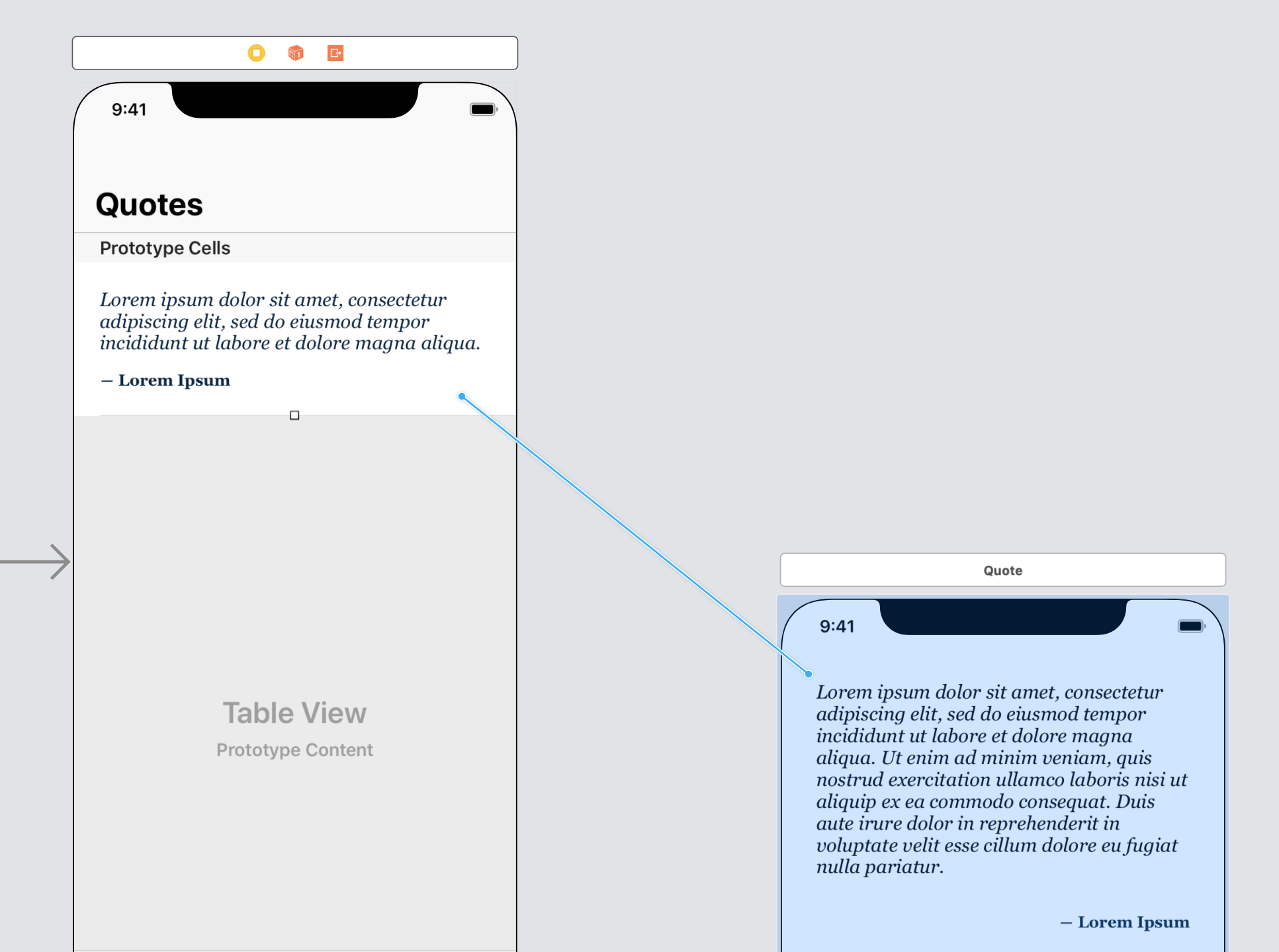 connecting a segue from a uitableview cell prototype to another view controller scene in a storyboard