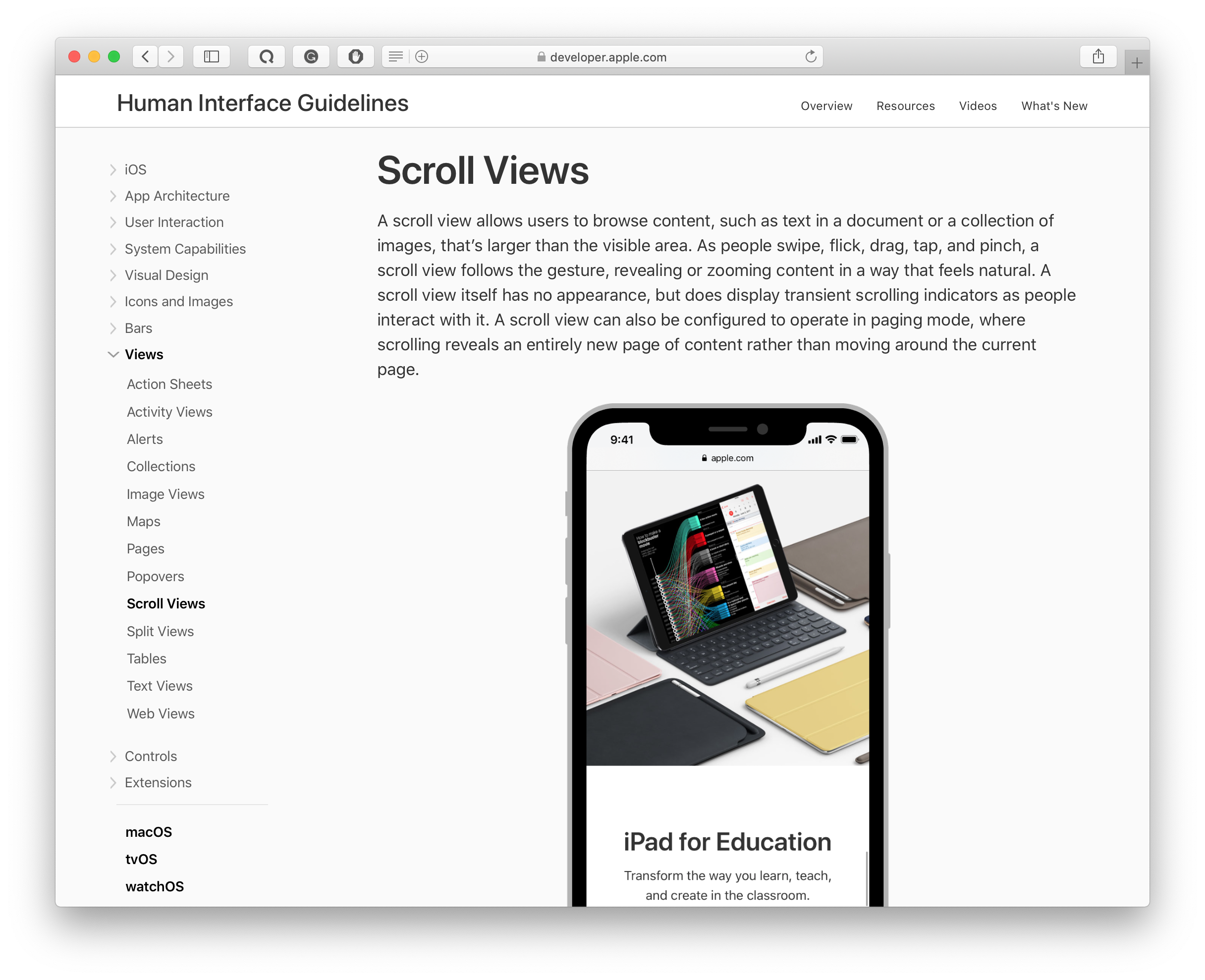 scroll views in apple’s human interface guidelines