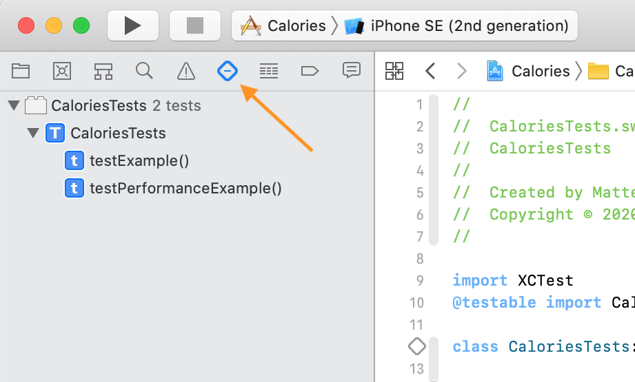 The test navigator of Xcode