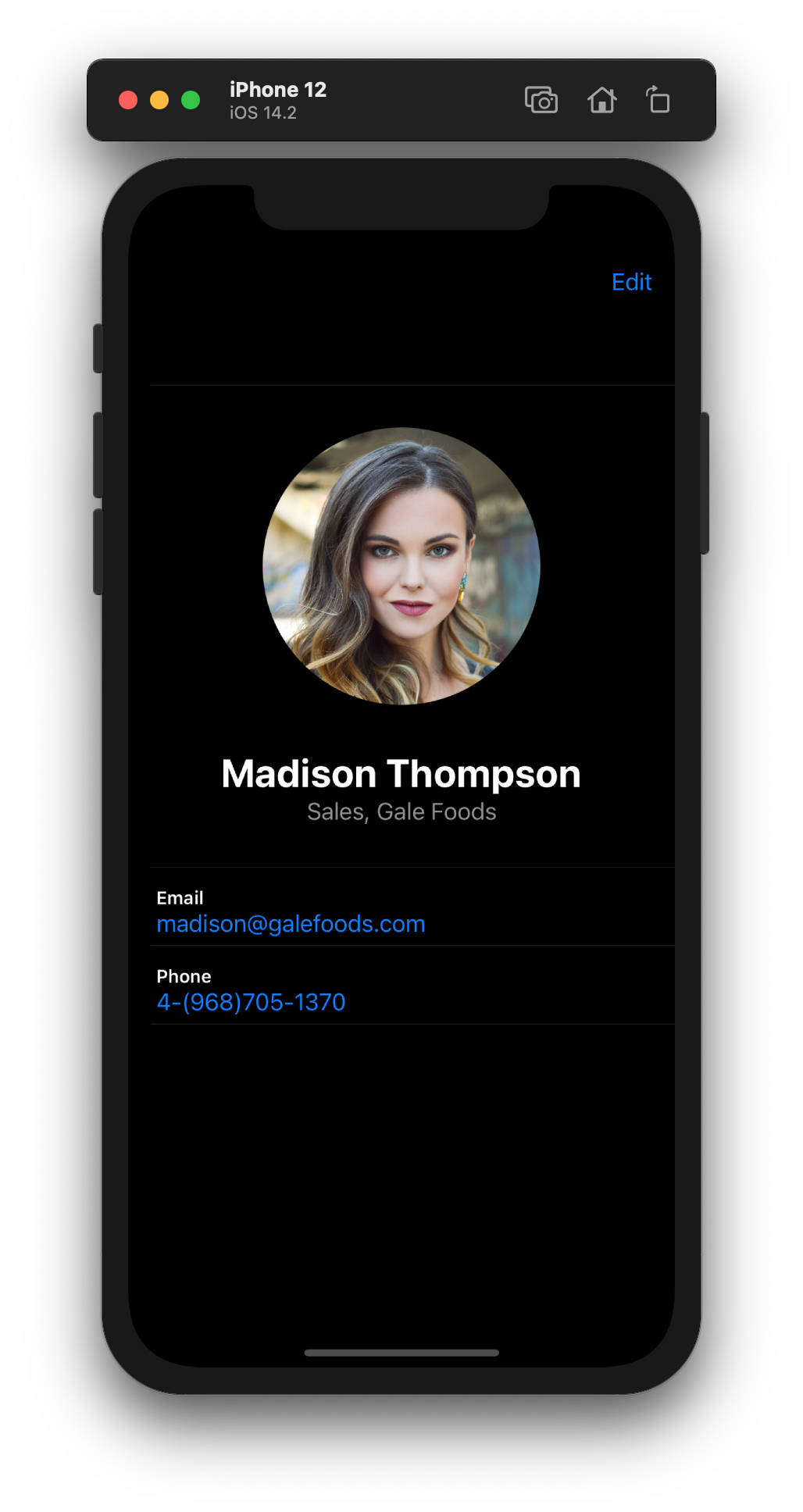 the contact app running on the iOS simulator in Dark Mode