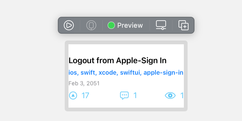 the Xcode preview for the view showing the details of a question