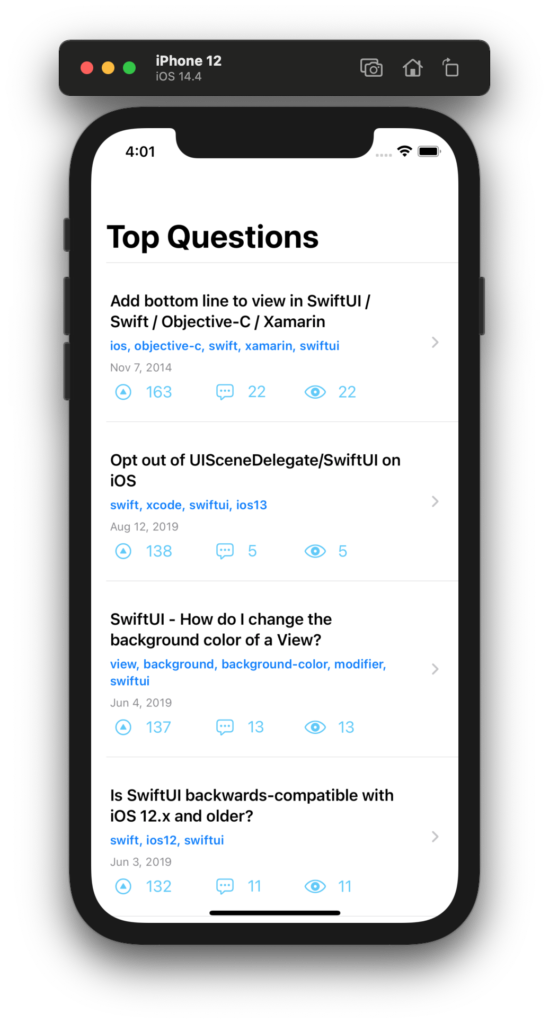 the top questions view running in the iOS simulator