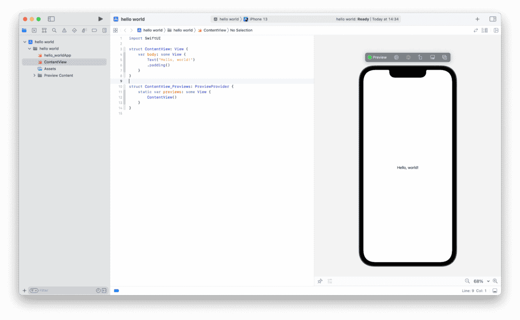 The hello world app in the Xcode canvas