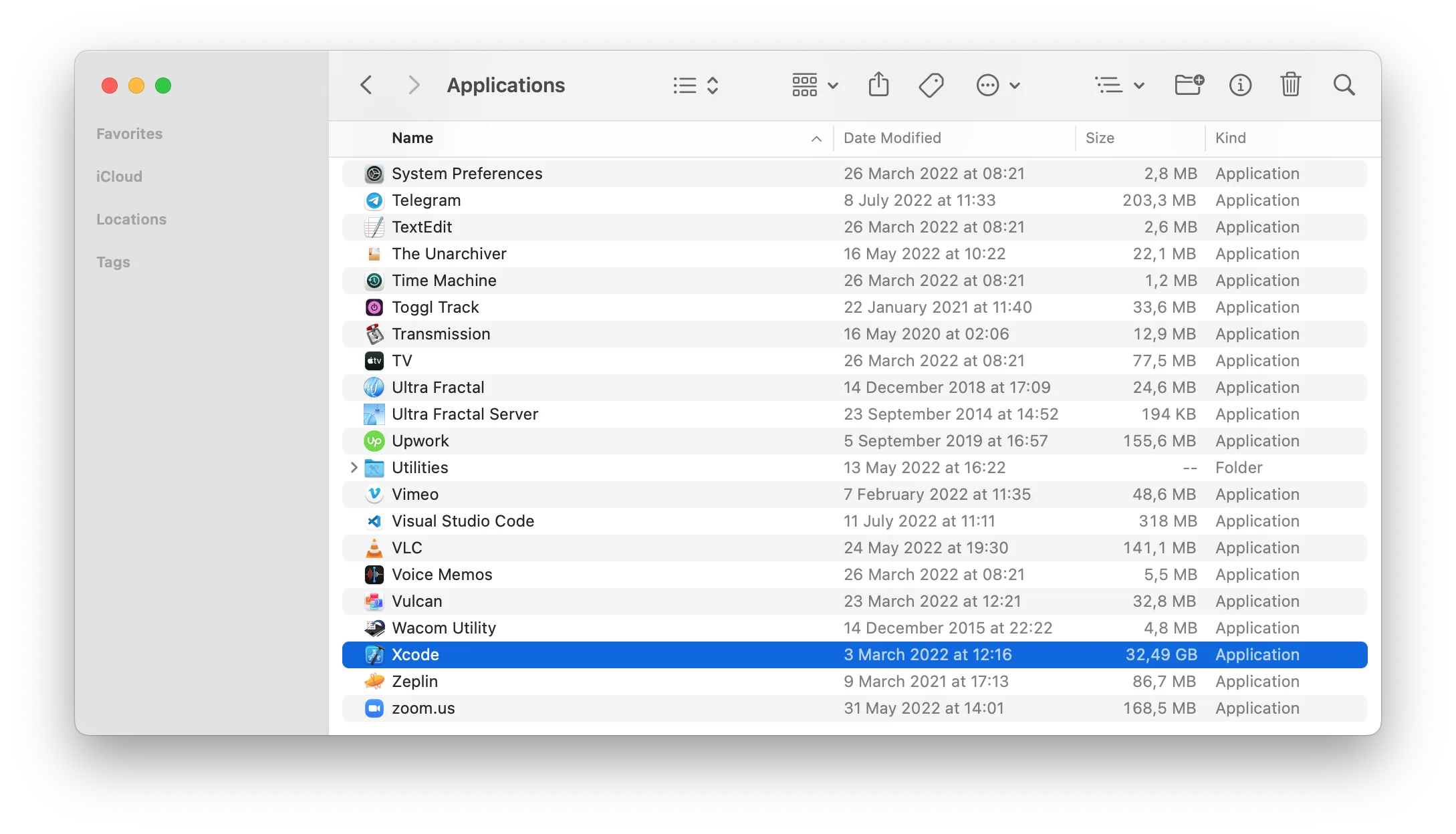 Xcode resides in the Applications folder of macOS with other apps