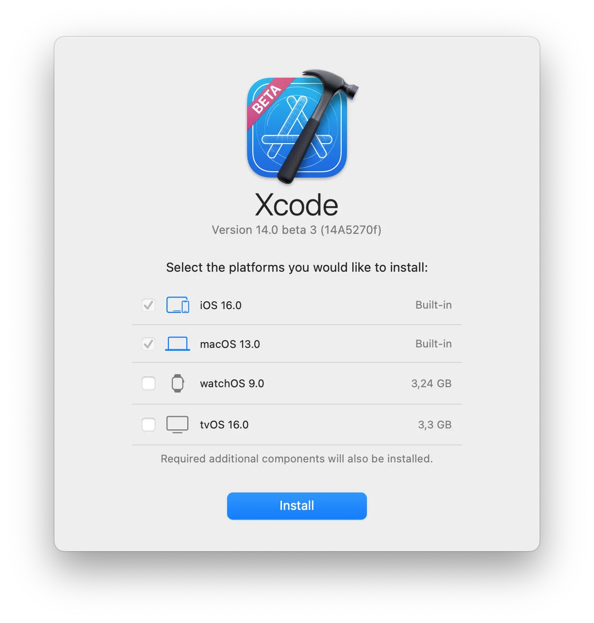 Xcode 14 platform selection window