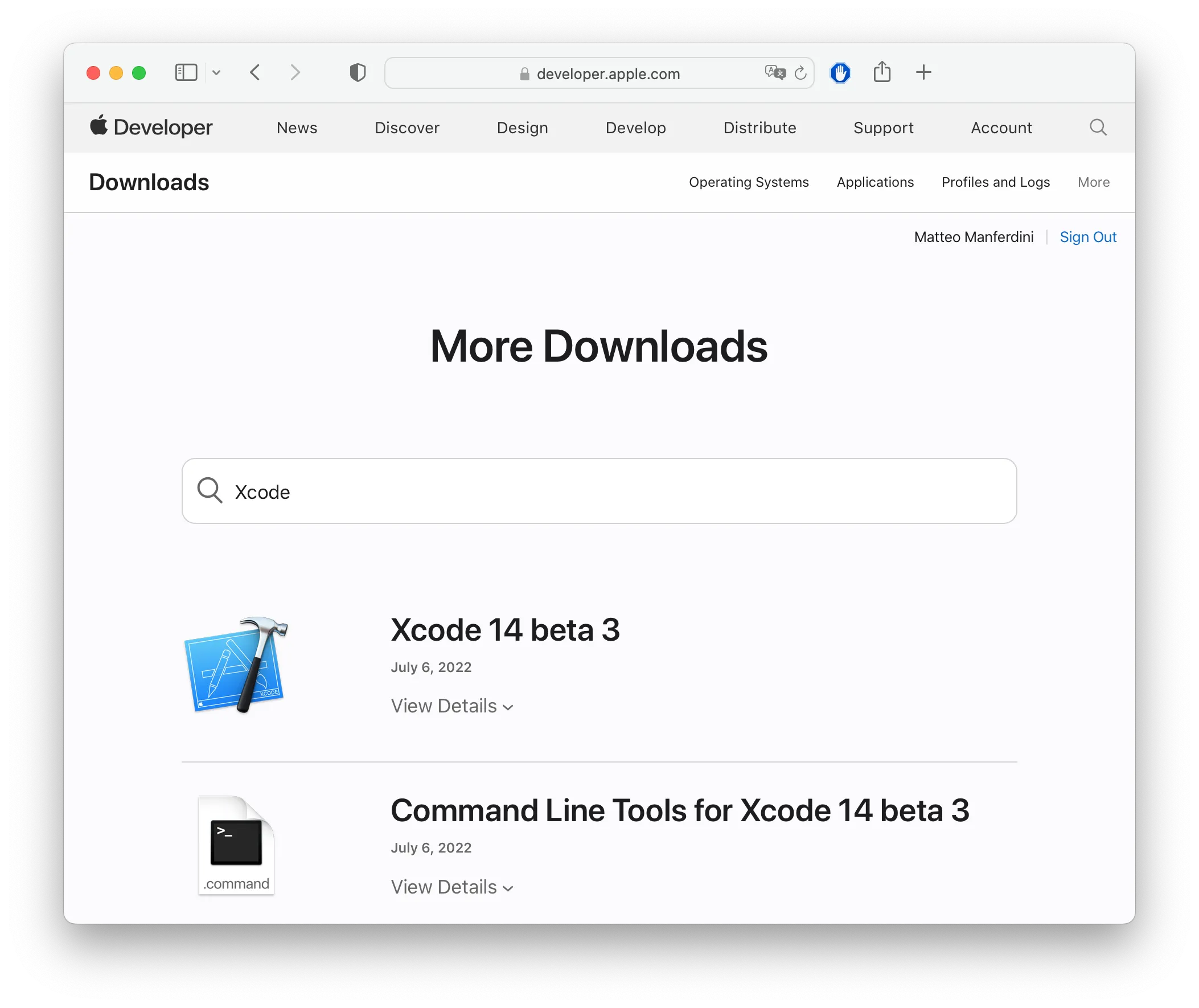 Apple’s download page for all the versions Xcode